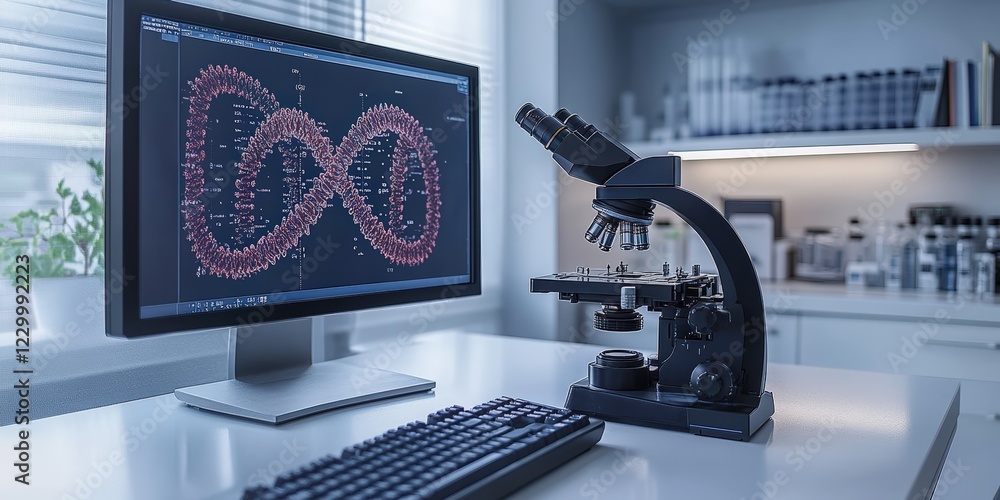 Poster microscope and computer monitor positioned on a desk in a laboratory setting for scientific research