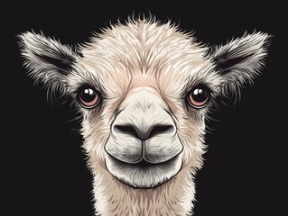 Illustrated alpaca with red eyes looking at the viewer, in a cartoon style.