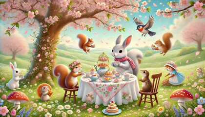 Fototapeta premium A Heartwarming Illustration of Woodland Animals Enjoying a Tea Party Under a Blooming Cherry Blossom Tree