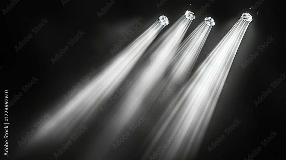 Poster multiple spotlights cut through the darkness, casting intersecting beams of light.