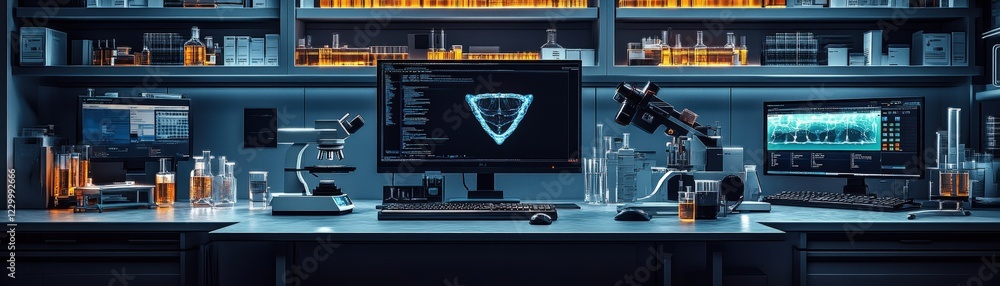Poster desk with multiple monitors and computer screen in a modern workspace setup for productivity