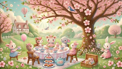 Fototapeta premium Adorable Woodland Animals Enjoying a Tea Party Under a Blossoming Cherry Tree in a Whimsical Pastel Spring Meadow