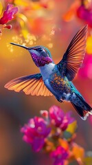 Obraz premium HD Phone Wallpaper Vibrant Hummingbird in Flight Amongst Colorful Flowers Nature Photography
