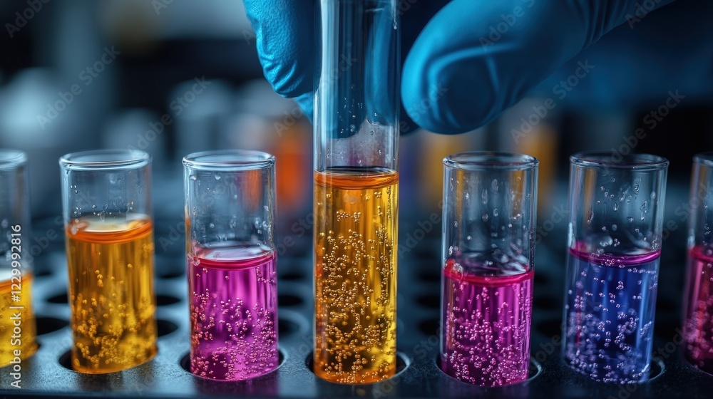Poster scientist in lab coat holding flask filled with colorful liquids in laboratory setting