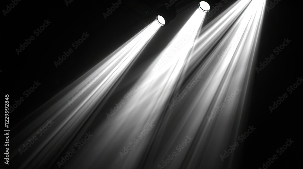 Poster multiple spotlights cut through the darkness, casting intersecting beams of light.