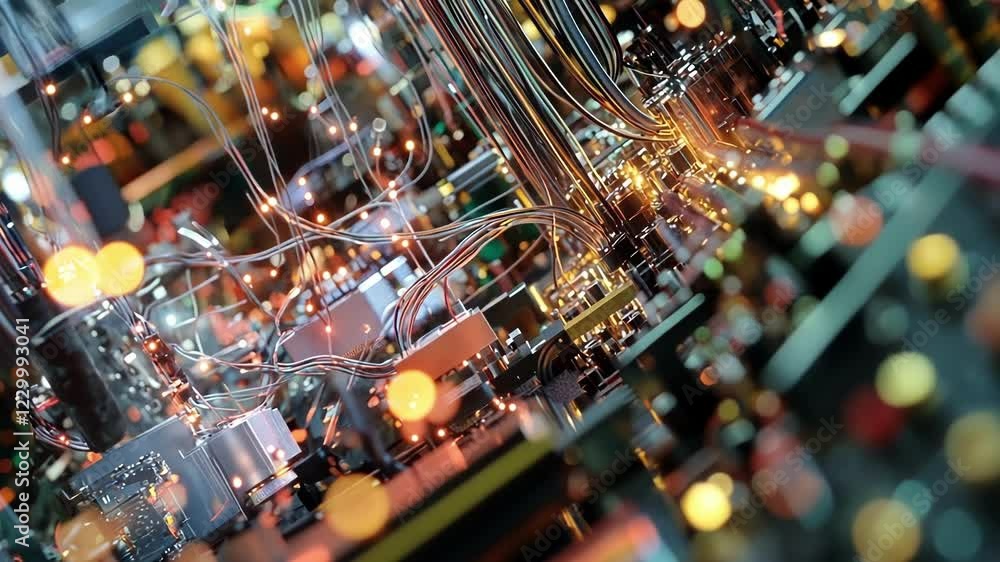 Poster an intricate network of wires and smart devices embedded in a compact assembly line illustrating the