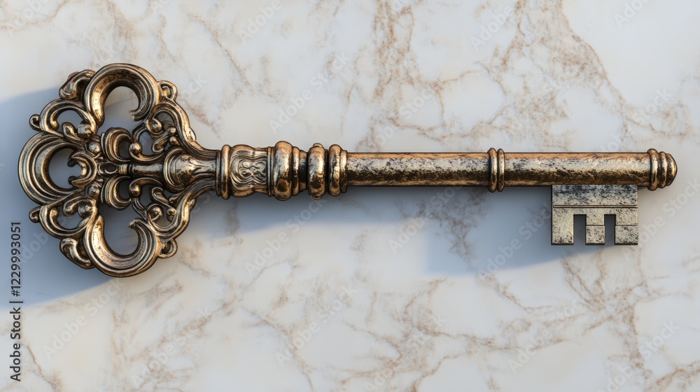 Poster key attached to another key on a smooth marble surface with neutral background