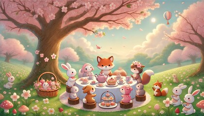 Fototapeta premium A peaceful and whimsical scene of animals having a tea party under a full-bloom cherry blossom tree