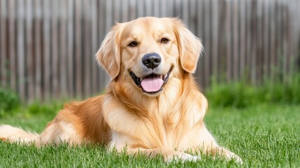 Playful Golden Retriever Relaxing in Green Grass Under Sunshine