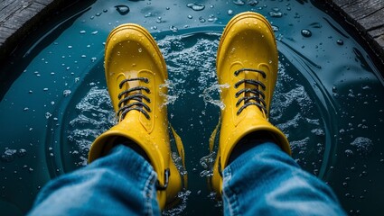 a pair of yellow rain boots submerged in a pool of water. The boots are wet and appear to be well-maintained, with droplets of water splashing around them. 