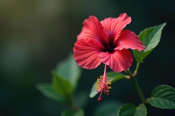 Single hibiscus bloom on bare stem with roots, petal, roots, chinese rose