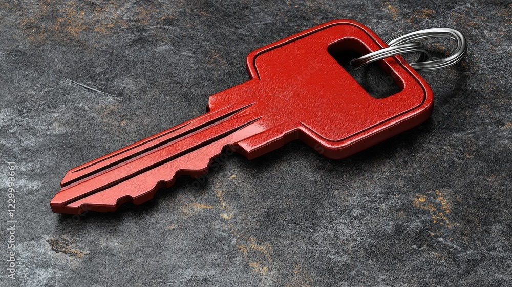 Poster red key resting on a textured gray surface close-up view highlighting design and color contrast