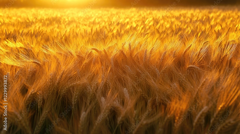 Poster a field of golden wheat with the sun shining on it. the sun is setting in the background, creating a