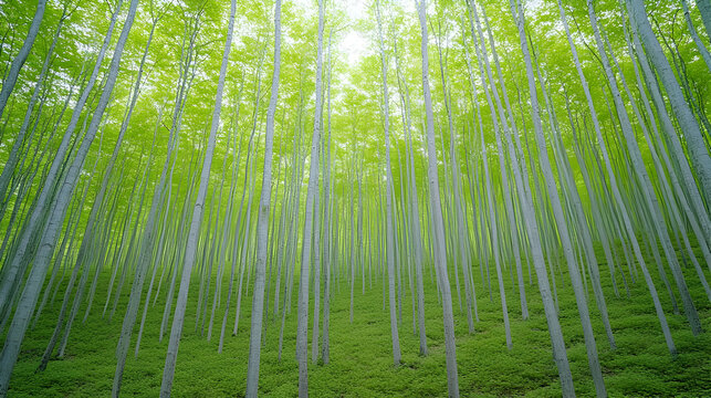 Lush green forest, sunlight, spring