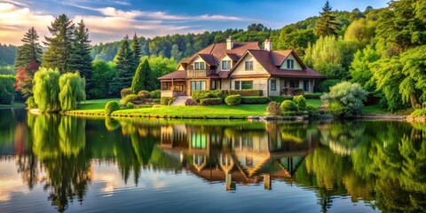Obraz premium A beautiful house built on the edge of a serene lake surrounded by lush greenery, architectural beauty, lakefront house