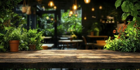 A cozy, plant-filled cafe interior with wooden tables, ambient lighting, and lush greenery creating a tranquil atmosphere.