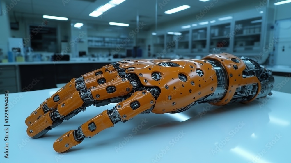 Poster robotic hand resting on a wooden table showcasing advanced mechanical design and technology