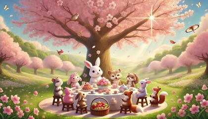 A whimsical scene of animals enjoying a tea party under a large cherry blossom tree in full bloom