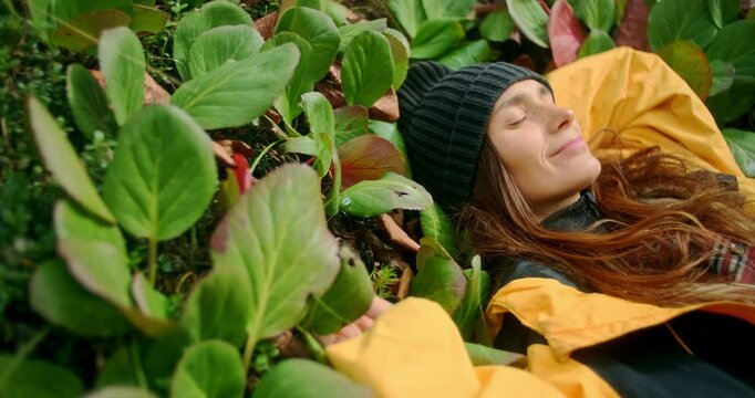 Young hiker wearing yellow jacket and beanie is lying on a patch of bergenia crassifolia with hands behind her head, enjoying the sun and the fresh air during a trekking day in the mountains