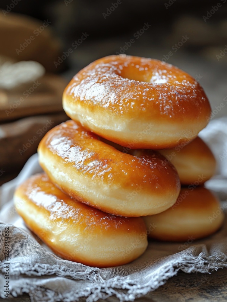 Poster a stack of donuts on a table. the donuts are all the same size and are piled on top of each other