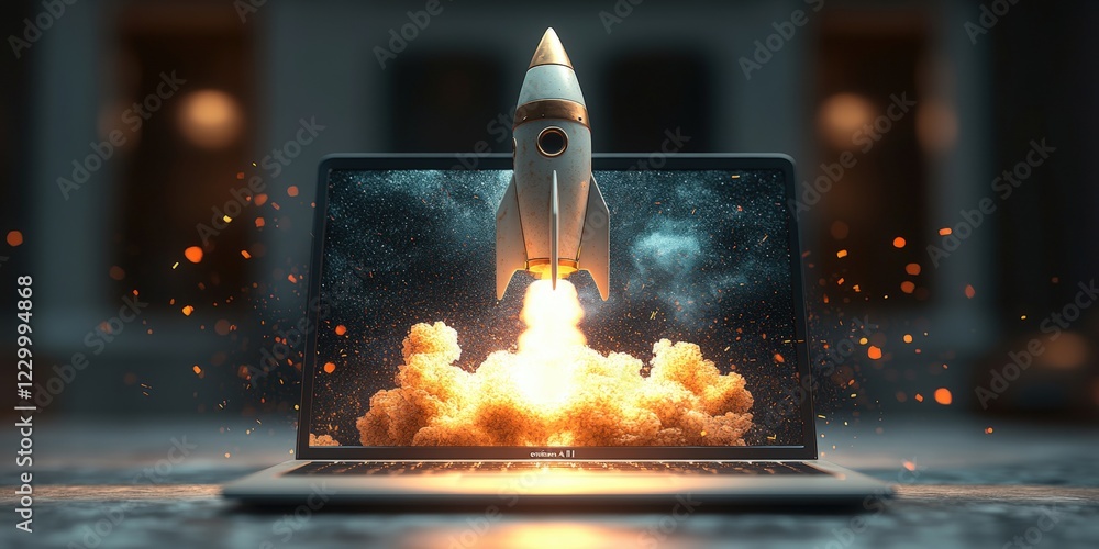 Poster laptop with rocket emerging from screen representing innovation and technology concepts in a digital