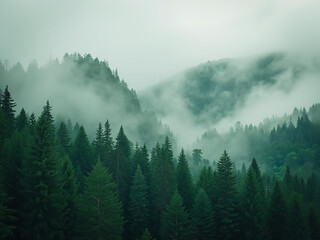 Misty Evergreen Forest Landscape With Dense Trees and Rolling Hills