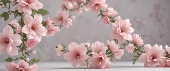 Obraz premium Delicate pastel pink flower garland with subtle floral patterns, rustic charm, garden decor, pastel pink flowers