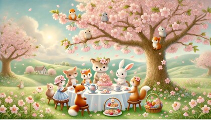 Obraz premium Adorable Animals Enjoying a Playful Tea Party Under a Blooming Cherry Blossom Tree
