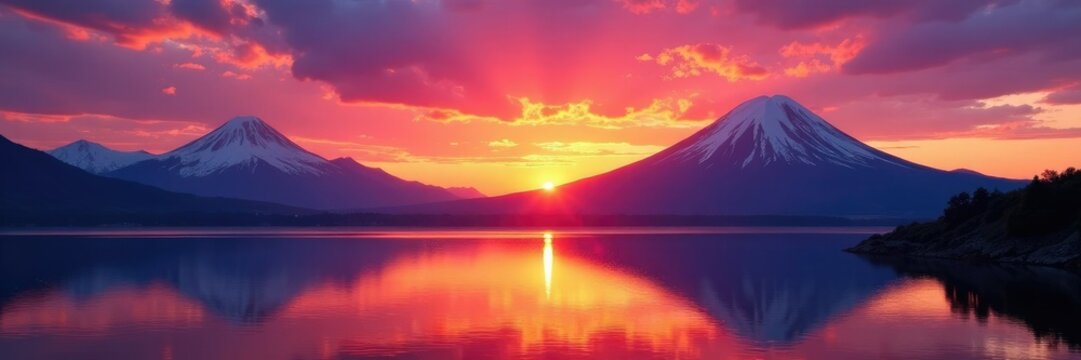 Sunset over Lanin Volcano and the Andes mountains with Lake Villarrica in foreground, Water, Andes Mountains