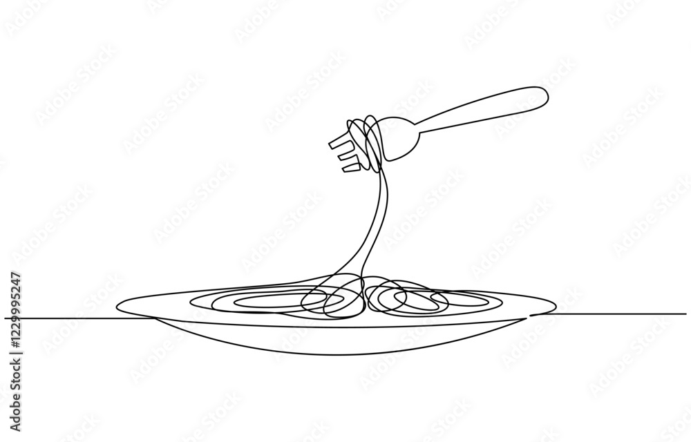 Poster fork with pasta in one continuous line drawing. italian spaghetti noodle for web banner and food, pa