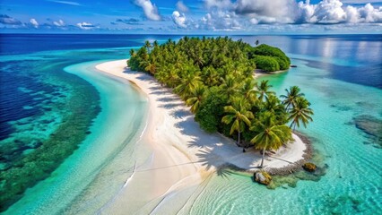 Aerial shot of a secluded white-sand beach on a small island, with crystal-clear waters lapping against the shore and a majestic palm tree-lined coastline , tropical paradise, water