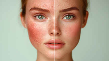 close up of woman face showing skin redness and pink patches, highlighting skin texture and features. image captures contrast between different skin conditions
