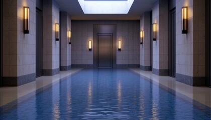 Flooded modern hallway with reflective water covering the floor, illuminated by sleek wall lights and a skylight above