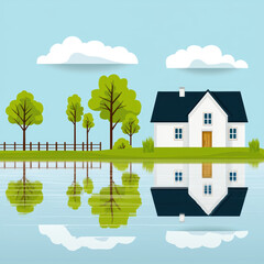 Fototapeta premium serene flat design scene of house by calm lake, surrounded by trees and clouds, reflecting beautifully in water