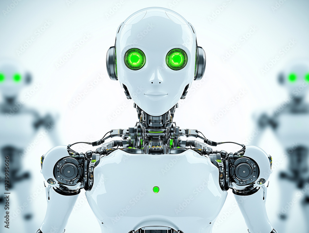 Poster futuristic humanoid robot with glowing green eyes and sleek design. robot stands out against light b