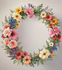 Obraz premium Delicate watercolor floral wreath with various colorful flowers and greenery, flowers, bouquet, wreath