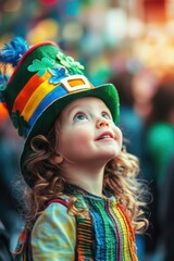 Fototapeta premium This image captures the joy of St Patrick's Day celebration. A young girl, dressed as a leprechaun, is looking up at the crowd, her eyes reflecting wonder and delight.