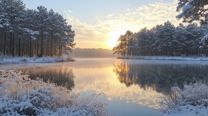 Fototapeta premium Winter Sunrise Over Serene Lake Surrounded by Snow-Covered Trees. Generative AI