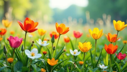 Naklejka premium Colorful flowers blooming in a field of tall grass, , yellow