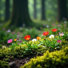 A colorful patch of wildflowers growing through moss and ferns, coniferous forests, flowering pines, nature scenes