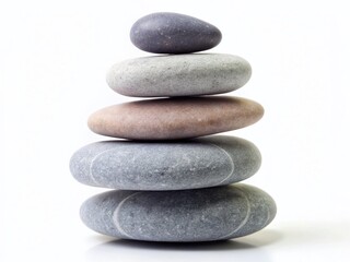 Balanced Stack of Smooth Gray Pebbles on White Background - Copy Space