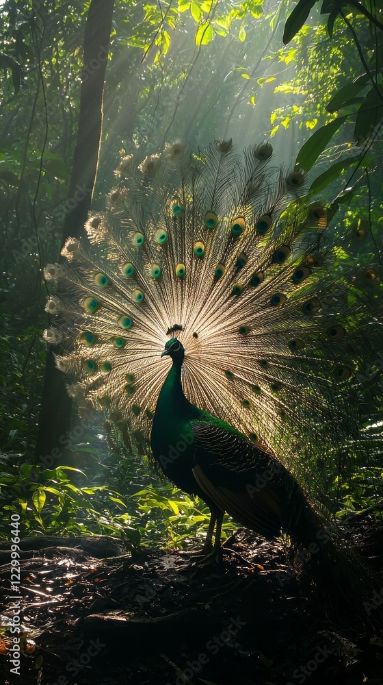 Poster in the tranquil morning light of a dense jungle, a striking green peafowl spreads its magnificent fe