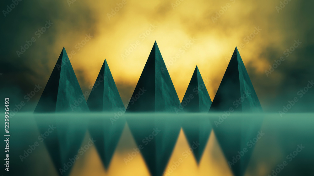 Poster surreal 3d polygonal landscape with sharp angles and mystical atmosphere