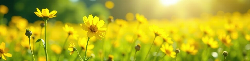 A field of bright yellow wildflowers dances in the spring breeze, sunny, landscape