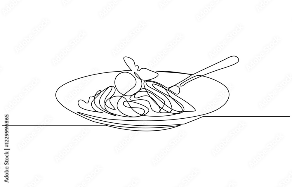 Poster fork with pasta in one continuous line drawing. italian spaghetti noodle for web banner and food, pa