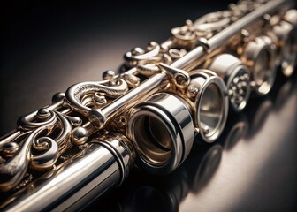Obraz premium Baroque Flute, Silver Scrollwork & Floral Engraving, Musical Instrument Stock Photo