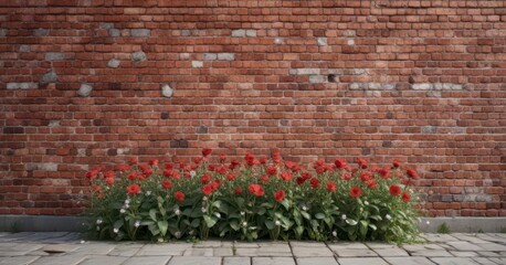 Distressed red brick wall with stone and flowers,  building,  architectural,  outdoors