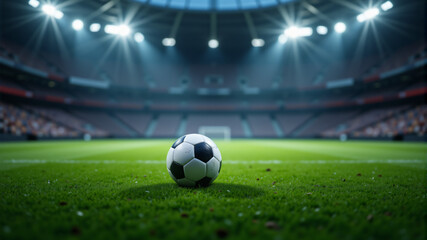 A vibrant soccer ball resting on lush green grass under stadium lights, ready for action.