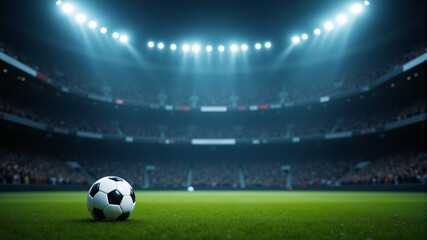 A vibrant soccer ball rests on a lush green field, illuminated by stadium lights.