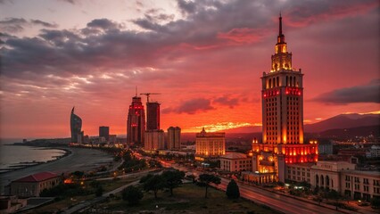 Obraz premium Batumi Georgia Sunset: Red Sky Over City Buildings - Stock Photo